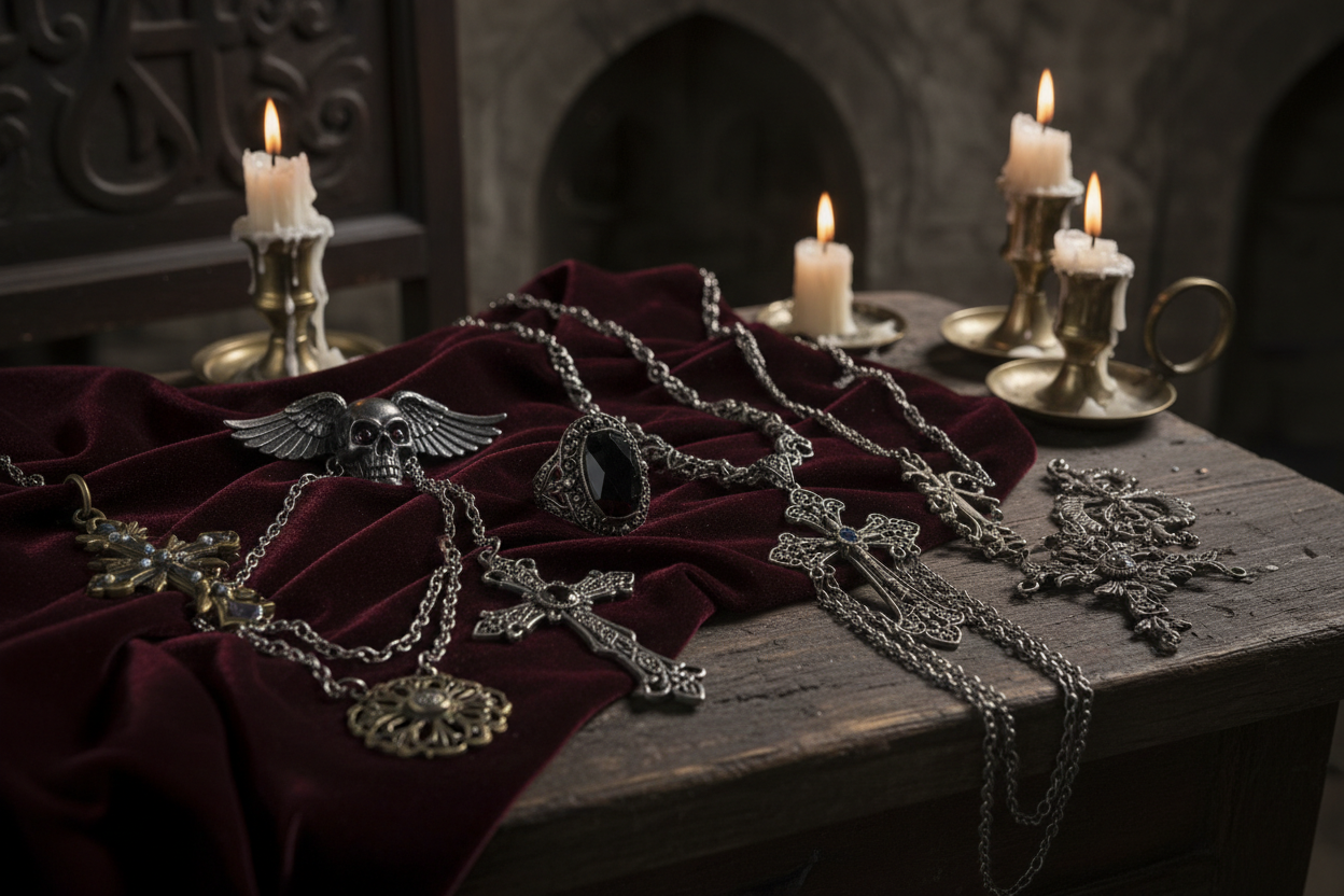 Dark gothic vintage jewelry with a cinematic, moody aesthetic and antique metal detailing.