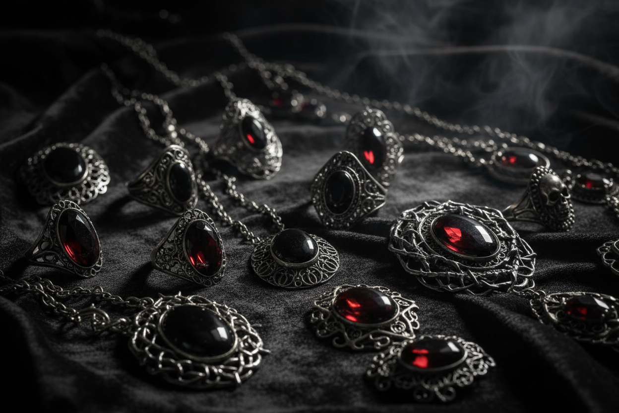 Dark gothic vintage jewelry with a cinematic, moody aesthetic and antique metal detailing.