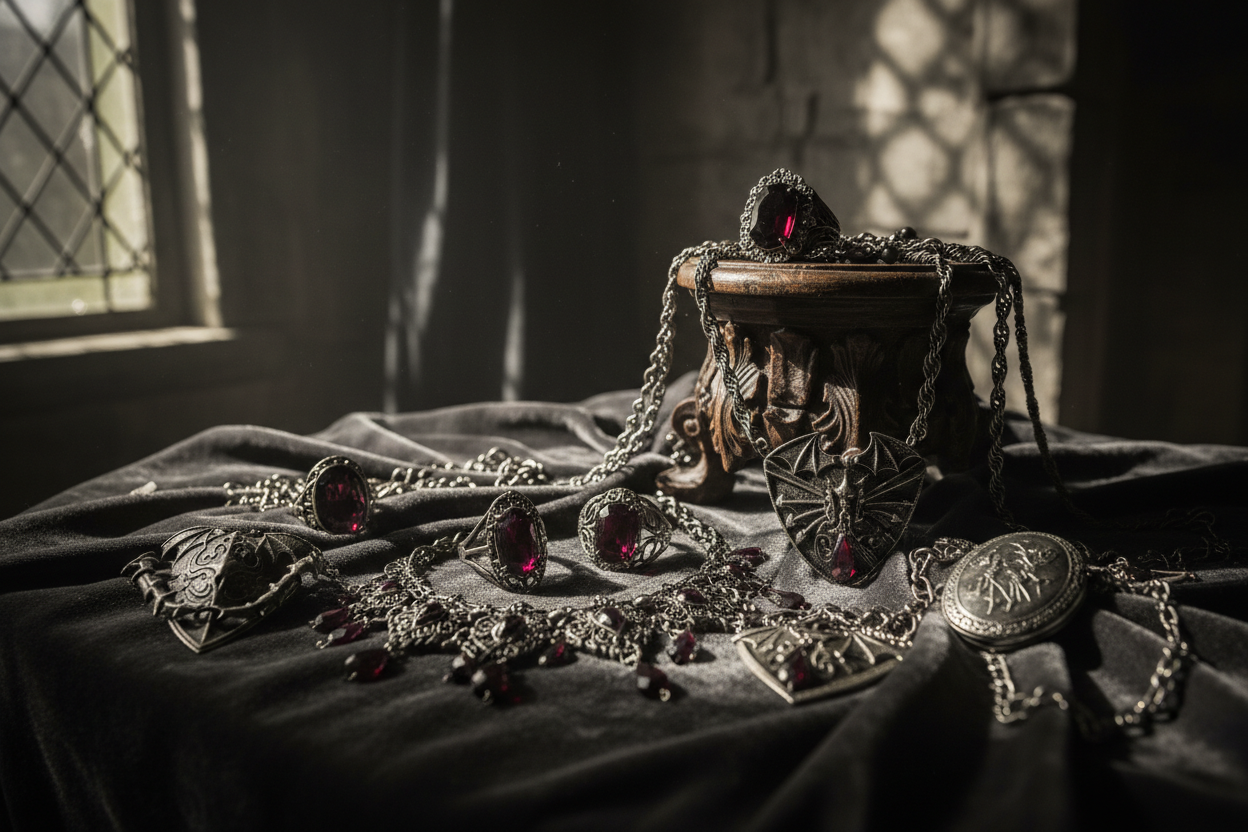 Dark gothic vintage jewelry with a cinematic, moody aesthetic and antique metal detailing.